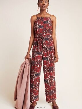 Greylin Red Printed Sleeveless Tie-Waist Wide-Leg Jumpsuit
